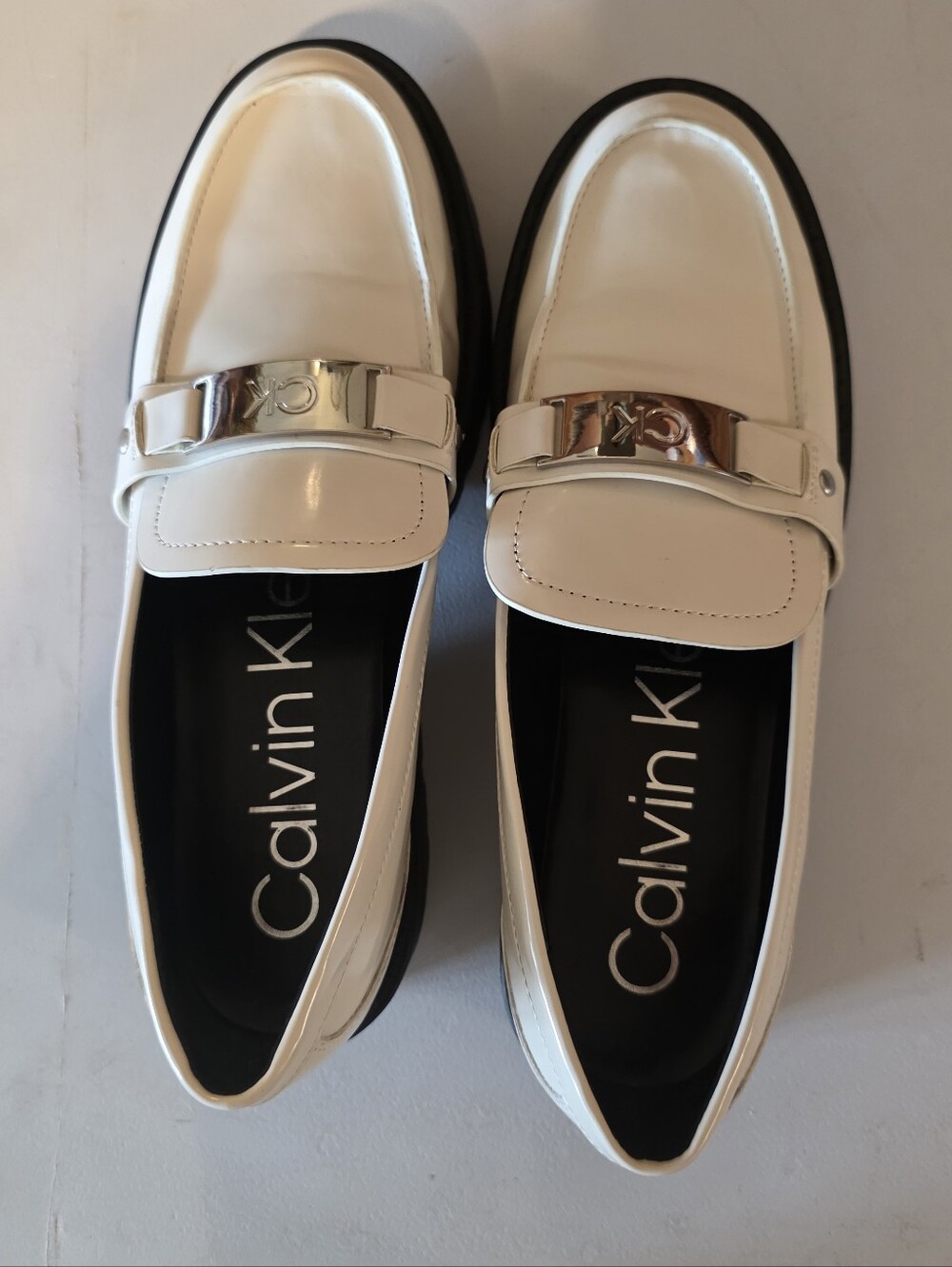 Calvin Klein White Leather Slip-On Loafers with Silver Hardware